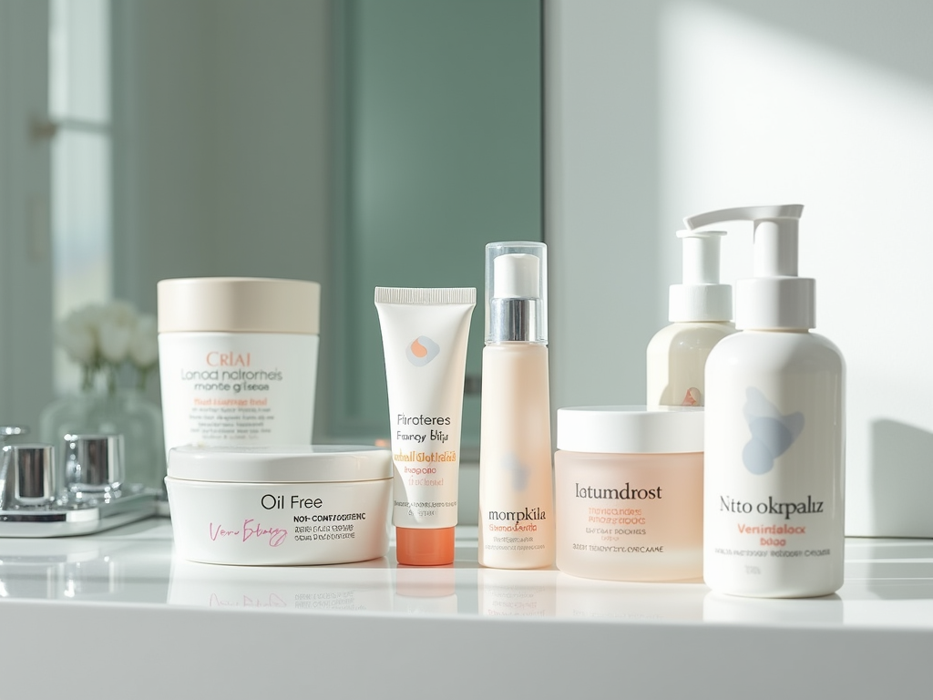 Assorted skincare products arranged on a bathroom counter with sunlight casting shadows.