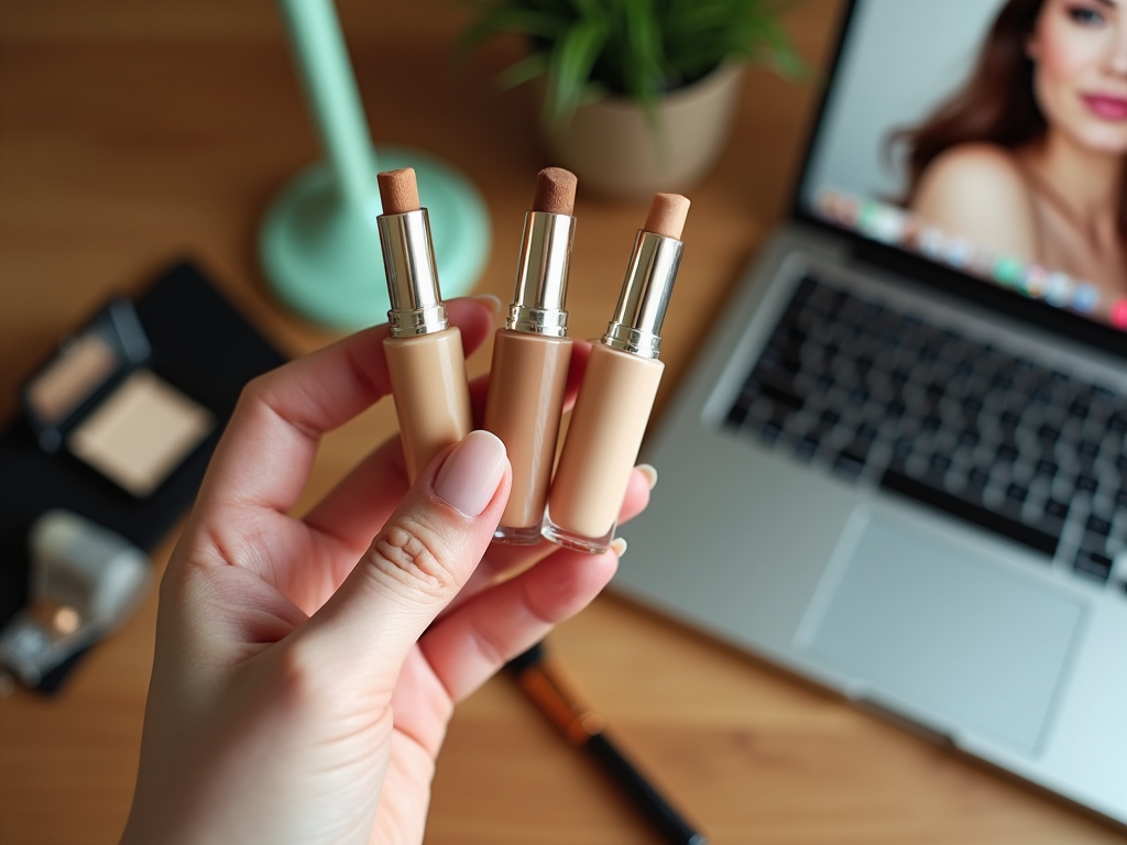 Hand holding three shades of liquid foundation with makeup tutorial on laptop in background.