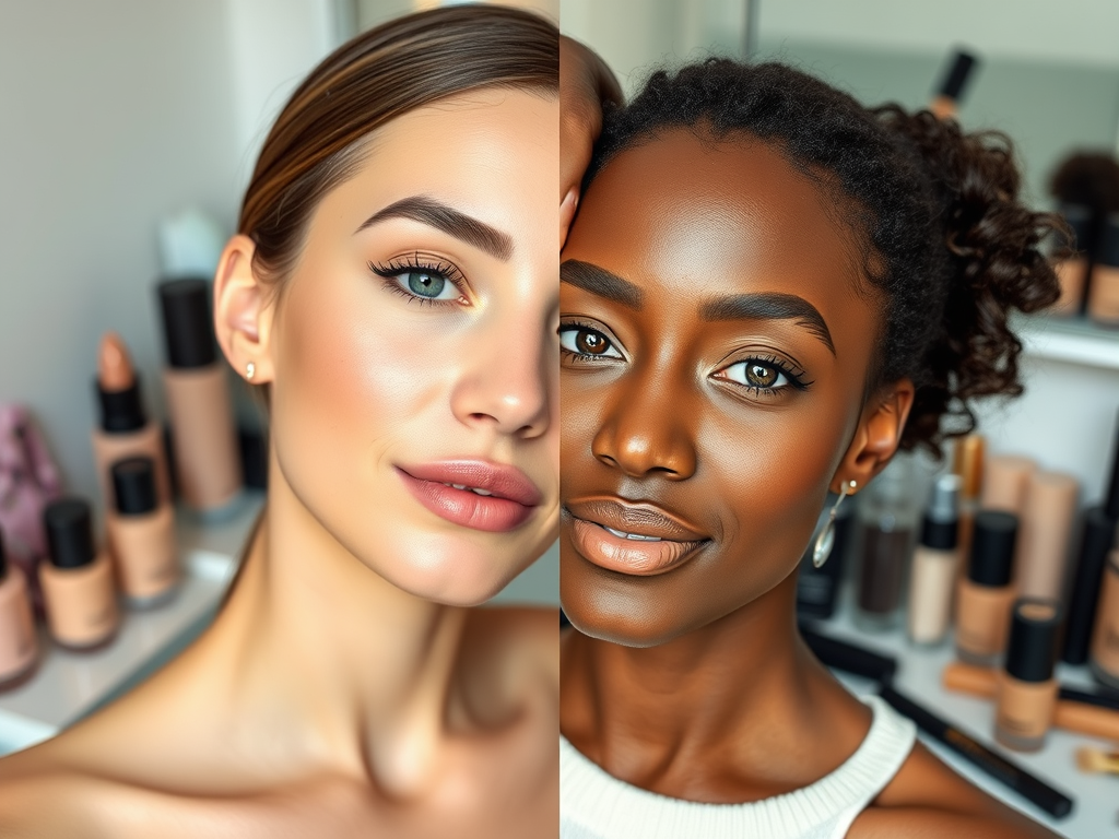 Two women with radiant skin and makeup pose side by side, showcasing diverse beauty against a backdrop of cosmetics.