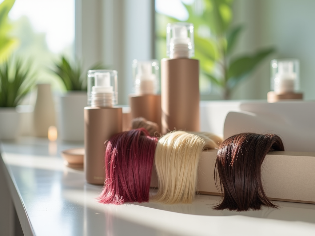 Three hair extensions in red, blonde, and brown on a salon counter with hair care products.