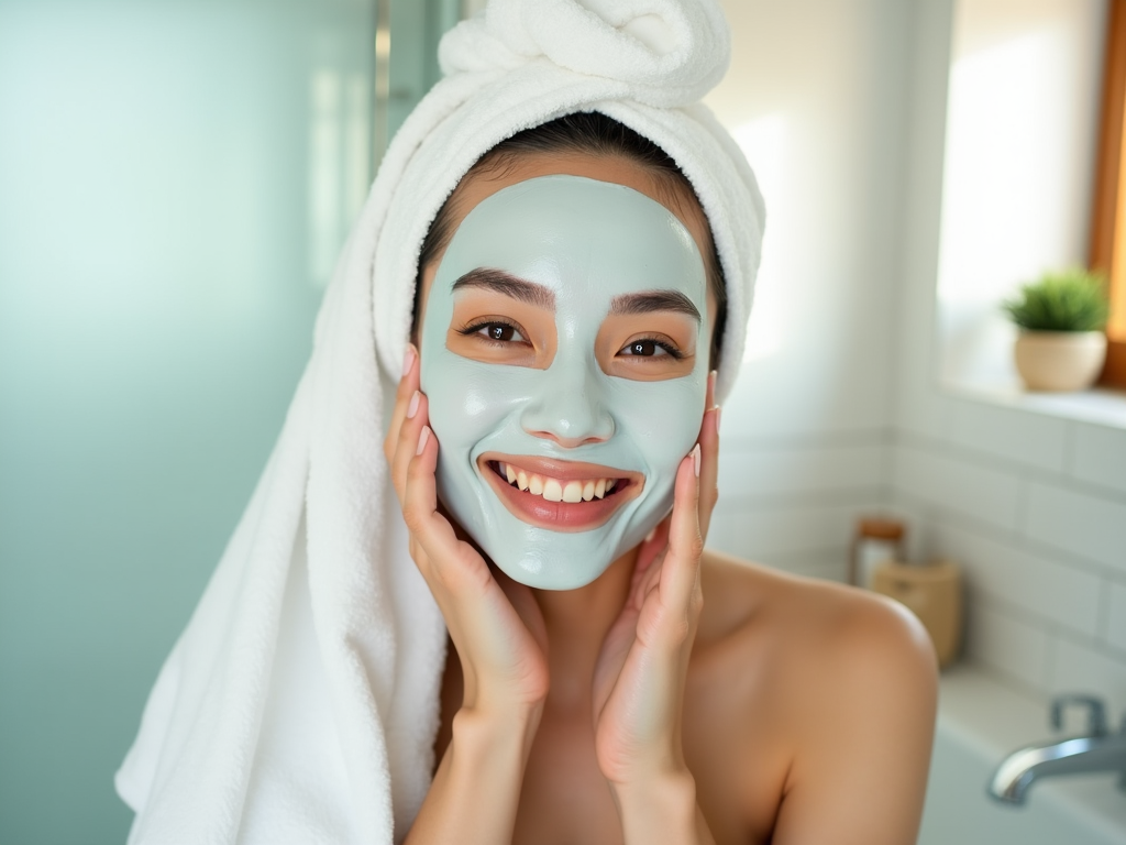 Woman with a facial mask, smiling in a bright bathroom.