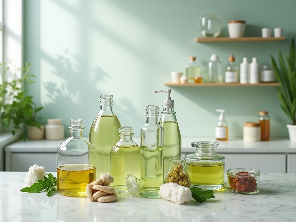 Assorted glass bottles of natural oils and ingredients on a sunny kitchen counter.