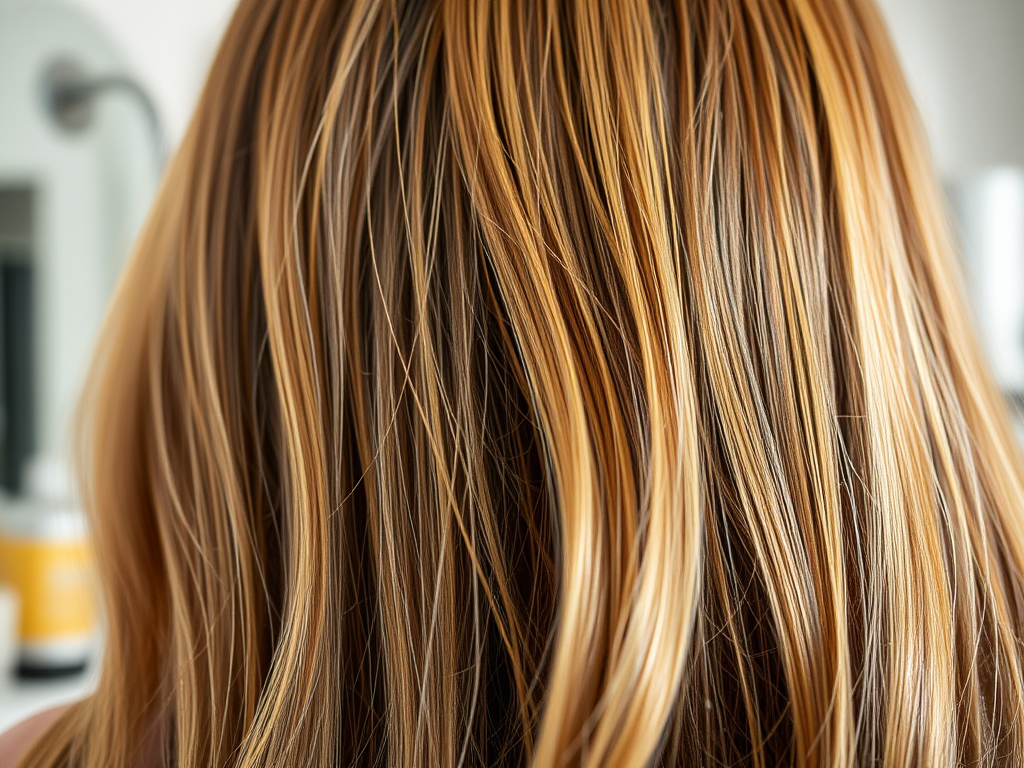 Long, wavy hair with shades of brown and blonde, viewed from the back, in a softly lit setting.