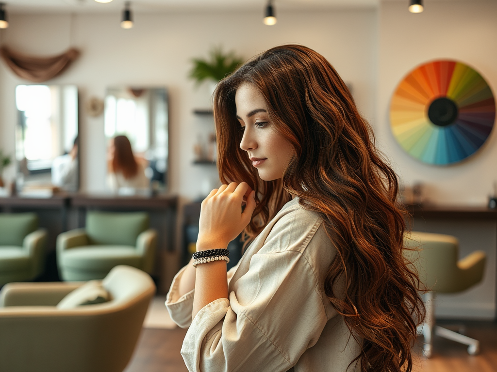 A woman with long, wavy hair sits thoughtfully in a hair salon, with a colorful color wheel in the background.