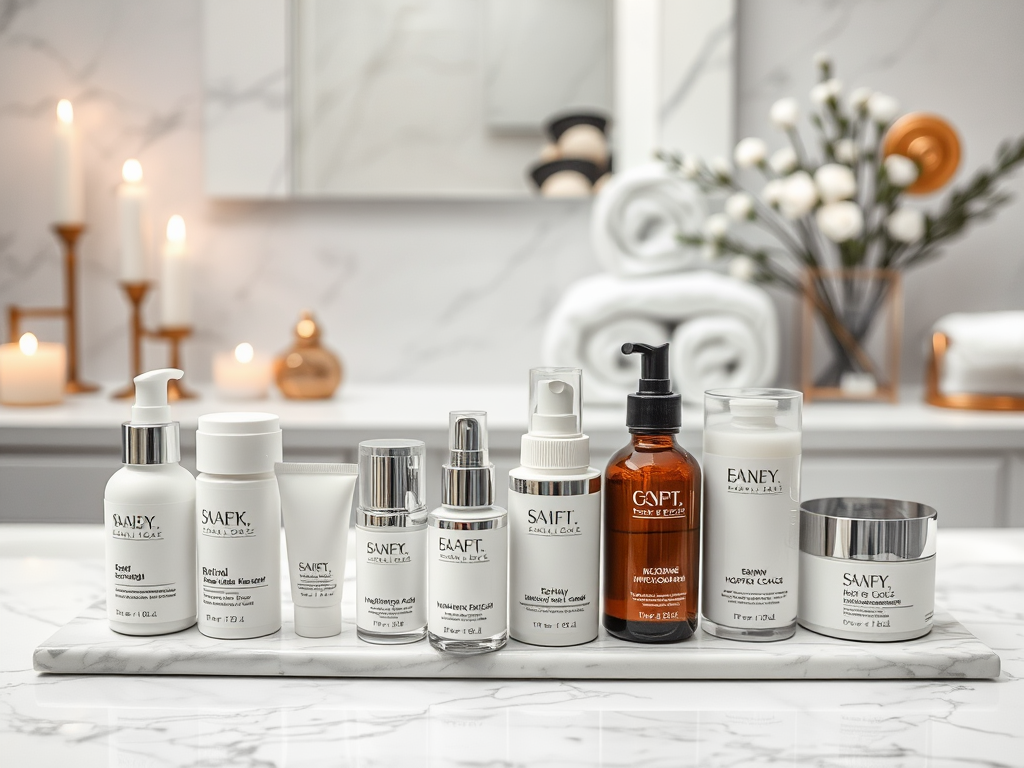 A stylish display of skincare products on a marble tray, with candles and towels in a serene bathroom setting.