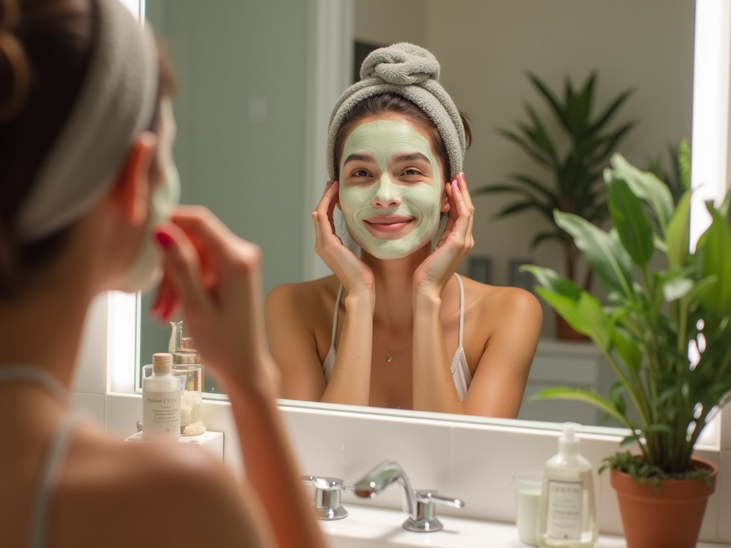 Young woman applying facial mask looking in the mirror, surrounded by green plants and skincare products.