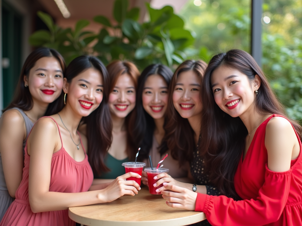 Group of six smiling Asian women in colorful dresses holding drinks, gathered around a table.