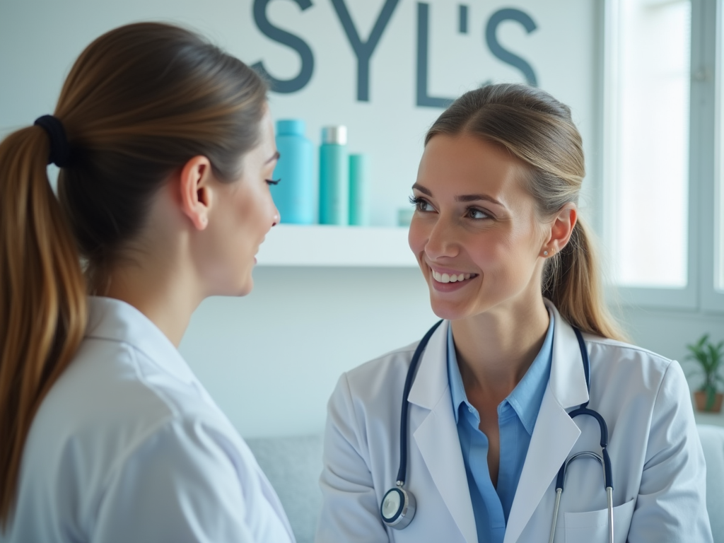 Two female doctors conversing, one smiling at the other in a bright clinic office.