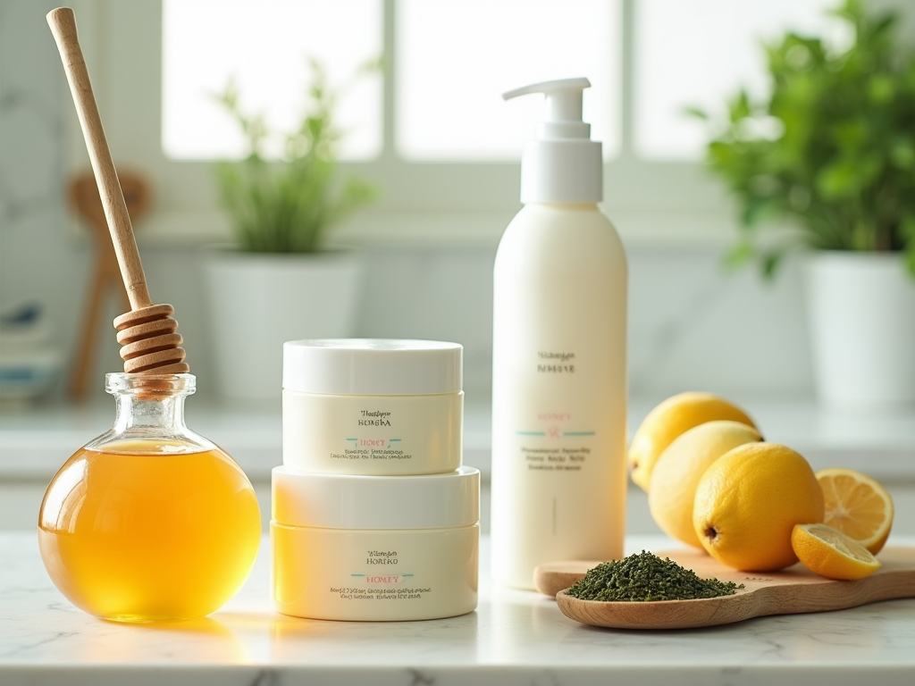 Assorted skincare products with honey, lemons, and dried herbs on a kitchen countertop.