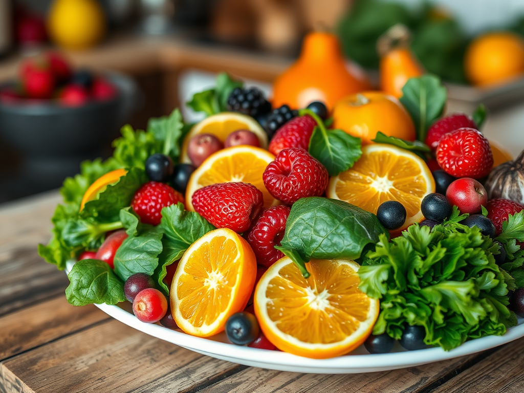 A vibrant fruit and vegetable platter featuring oranges, raspberries, blueberries, and fresh greens.