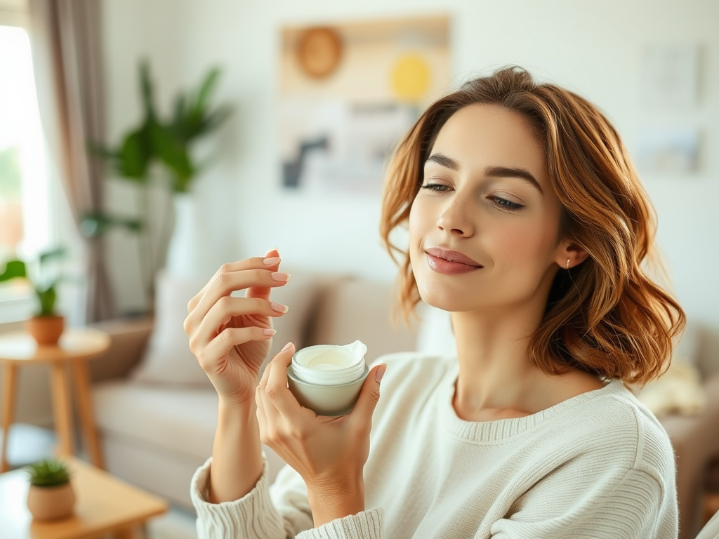 A woman in a cozy setting holds a cream jar, smiling while contemplating its use. Natural light fills the space.