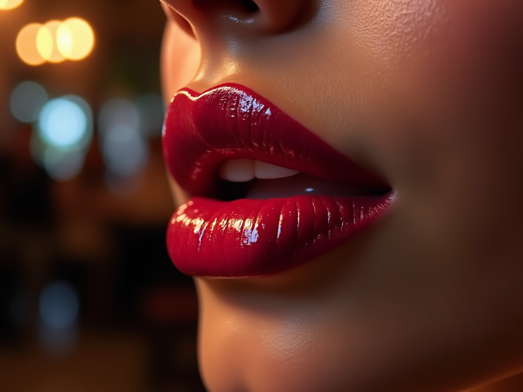 Close-up of glossy red lips with a blurred background of warm lights.