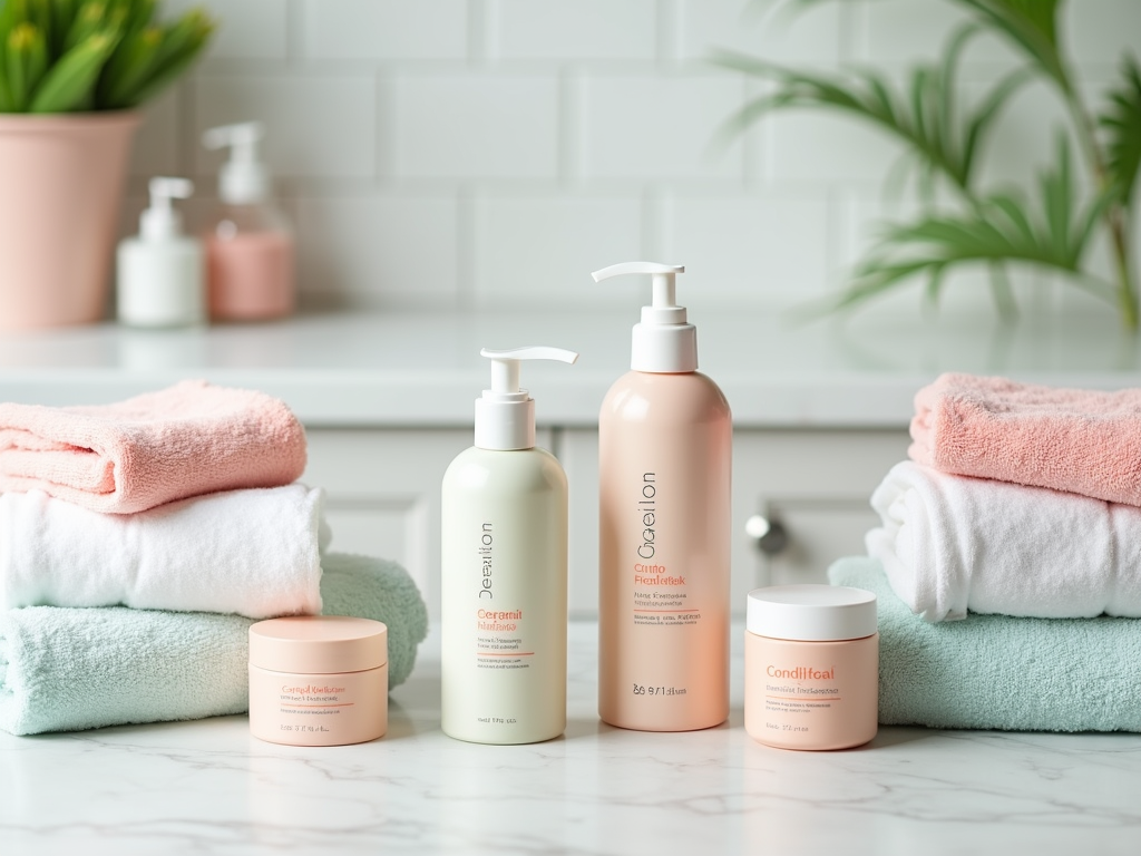 Assorted skin care products on a bathroom counter with stacked towels.