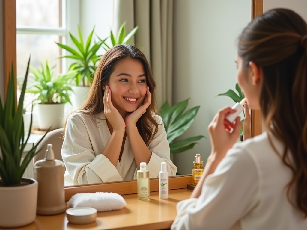 Woman smiling at her reflection while applying skincare products in a room with green plants.