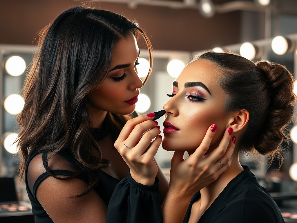 A makeup artist applies lipstick on a model in a well-lit studio, showcasing beauty and elegance.