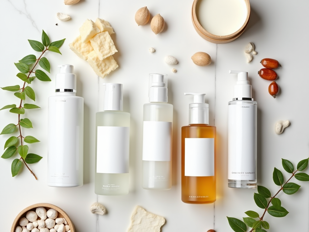 Assorted skincare bottles with natural ingredients on a marble surface.