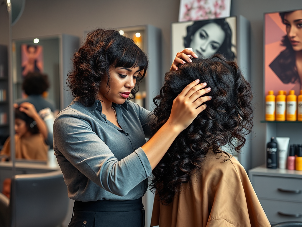 A stylist carefully attends to a client's curly hair in a modern salon, surrounded by beauty products and mirrors.