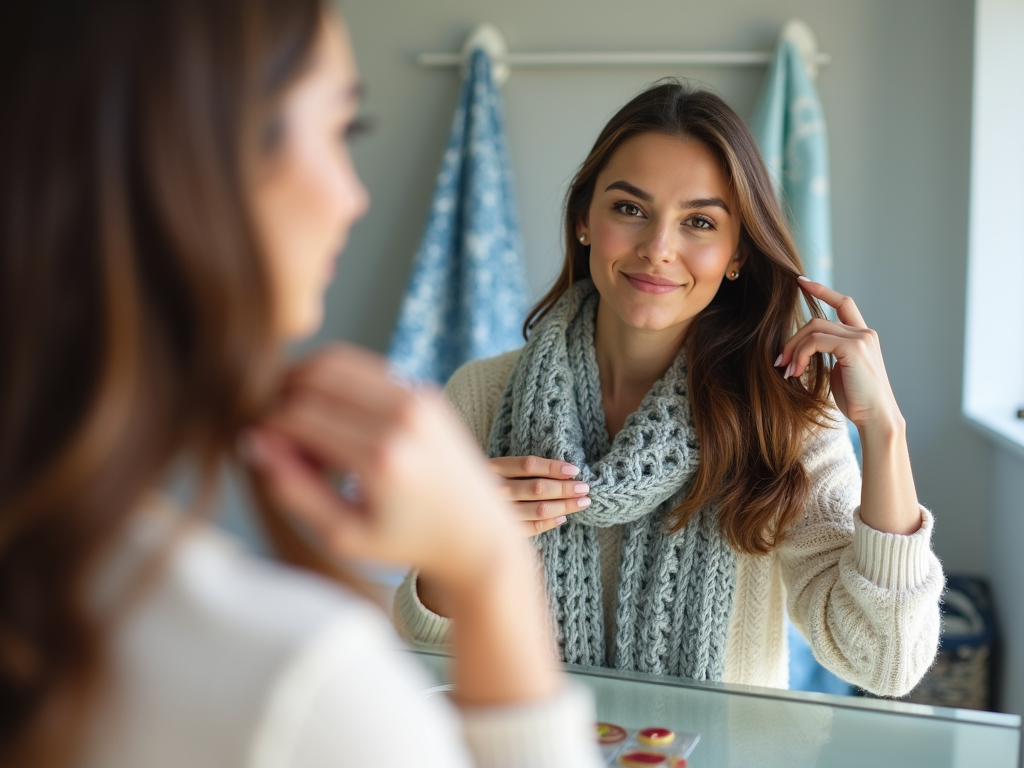 Woman smiling at her reflection in a mirror, wearing a cozy sweater and scarf.