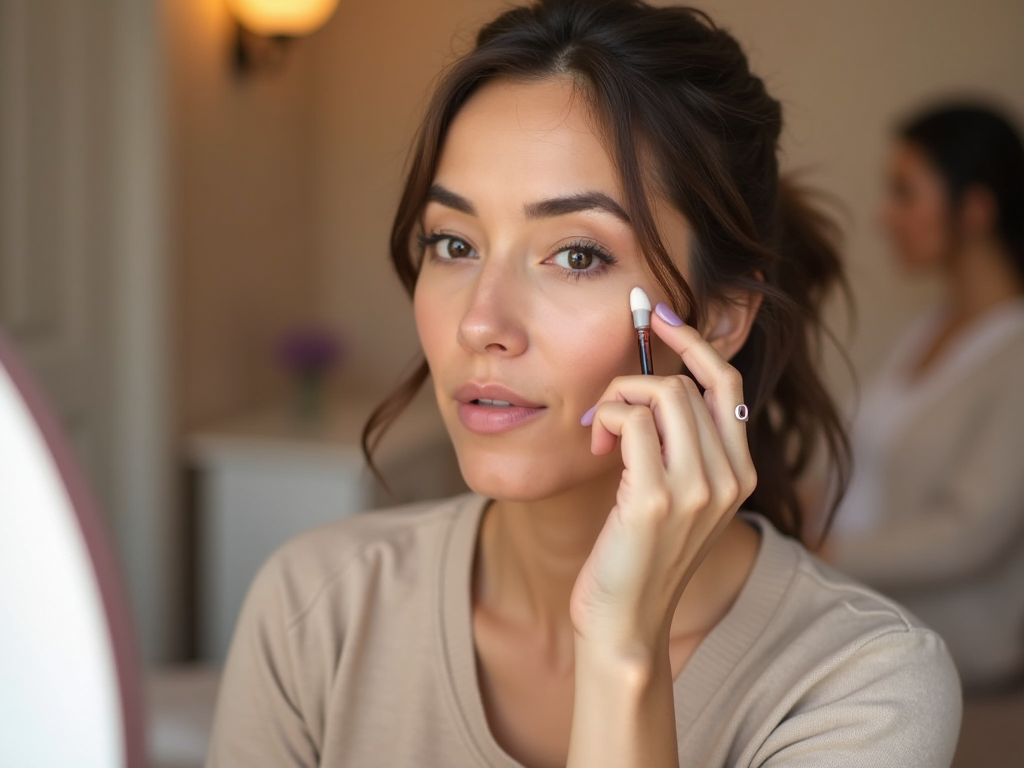 Woman applying makeup with a brush in a well-lit room, reflected in a vanity mirror.