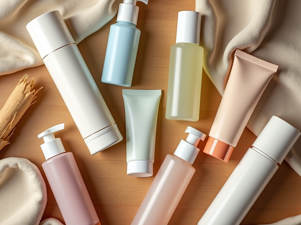 Assortment of skincare products in pastel-colored containers on a fabric background.