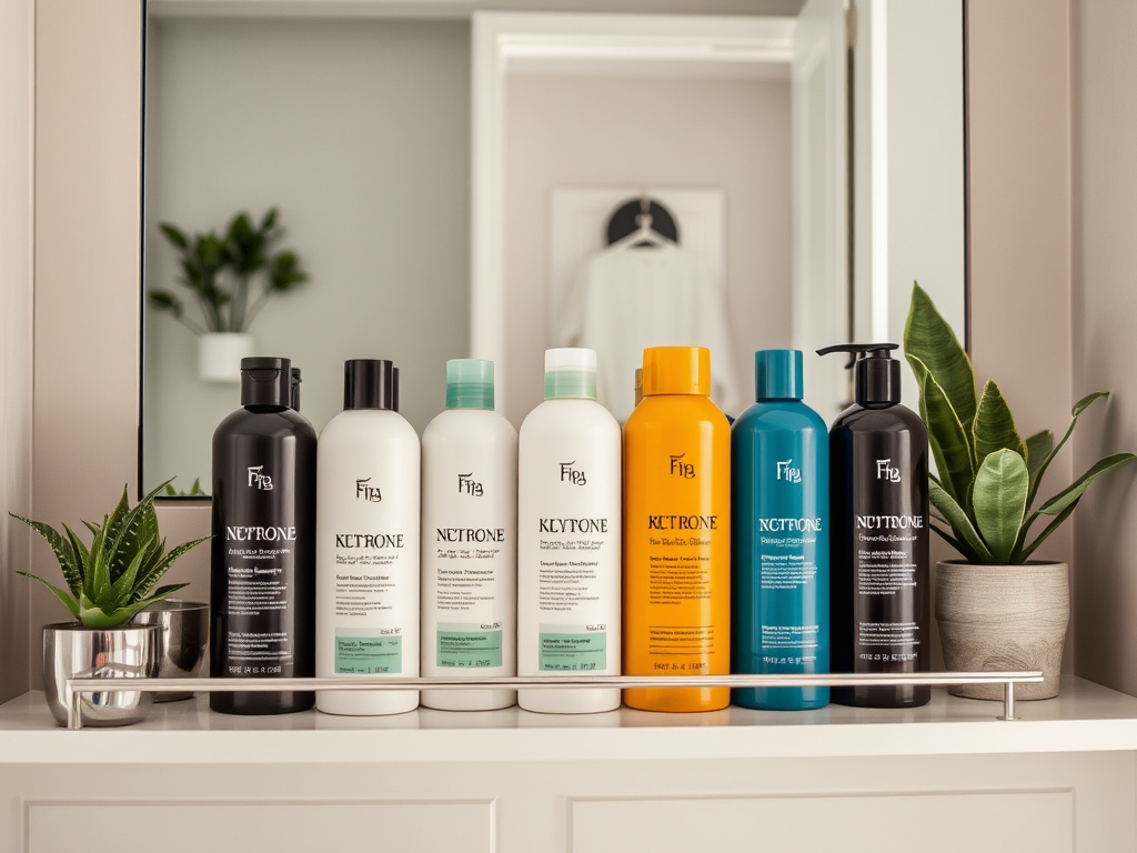 A collection of hair care products displayed on a white shelf, with green plants in the background.