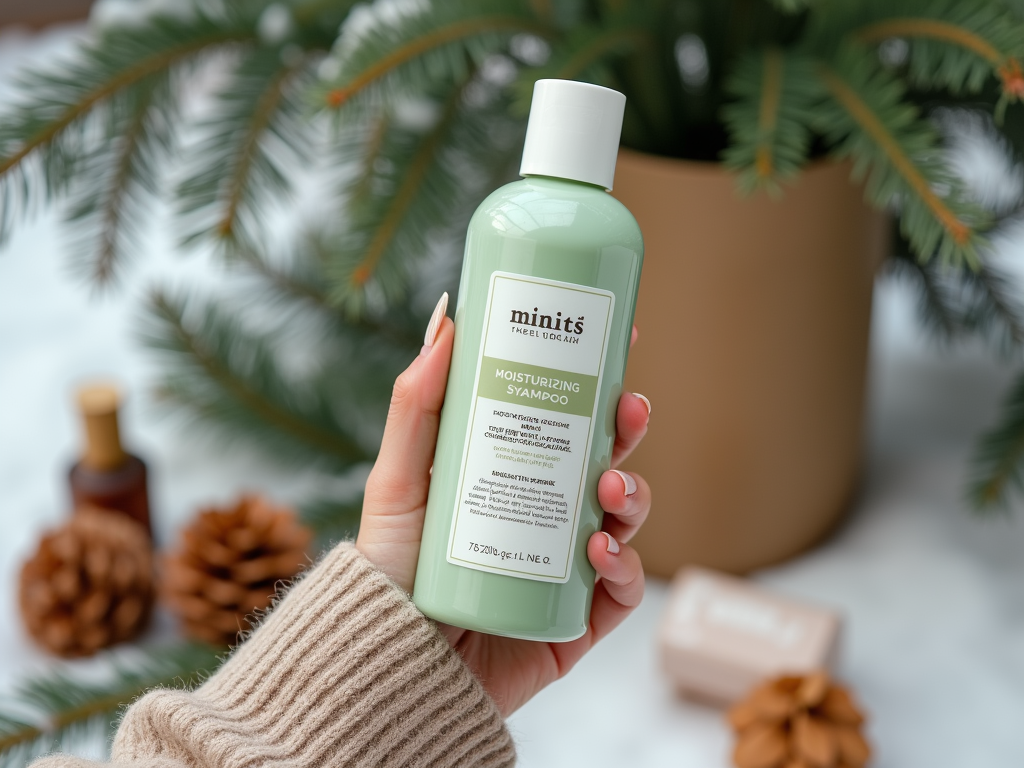 Hand holding a bottle of Minit's moisturizing shampoo with a festive background.