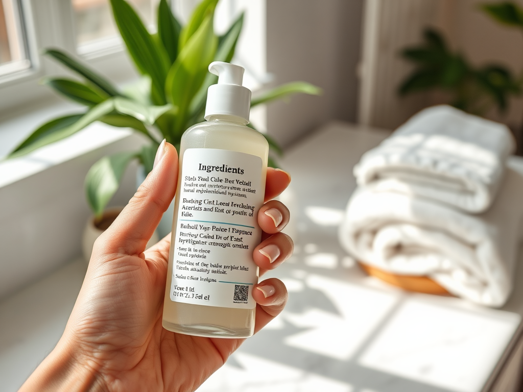 A person holding a clear bottle labeled "Ingredients" with a soft background of towels and plants.