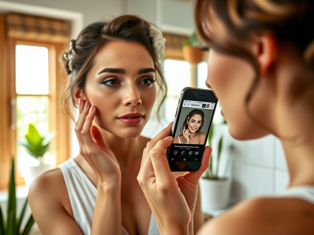 A young woman examines her reflection while holding a phone, showing her selfie in a bright, modern bathroom.