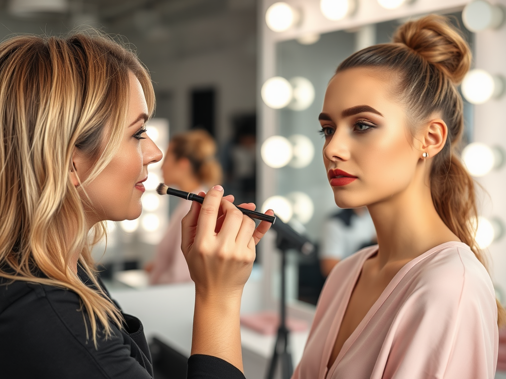 A makeup artist applies lipstick to a client in a well-lit studio, surrounded by makeup mirrors and equipment.