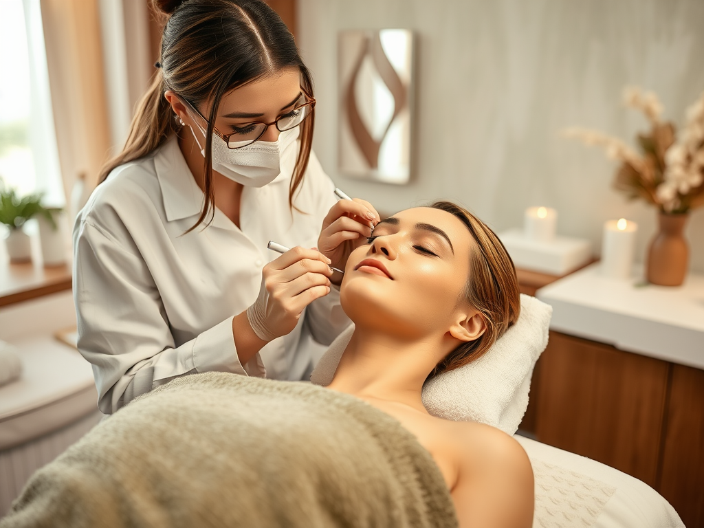 A beautician in a mask applies a treatment to a client's face in a serene spa setting, surrounded by candles and decor.