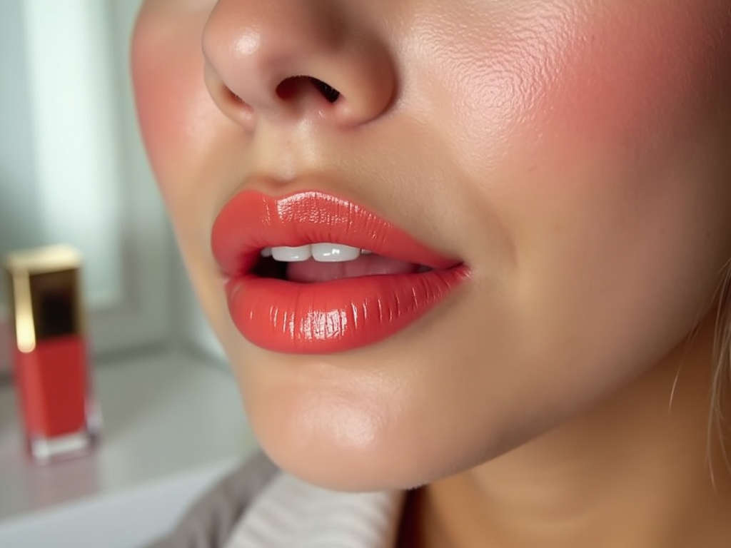 Close-up of a woman's lips with glossy red lipstick, hint of a smile, slight dimple on cheek.