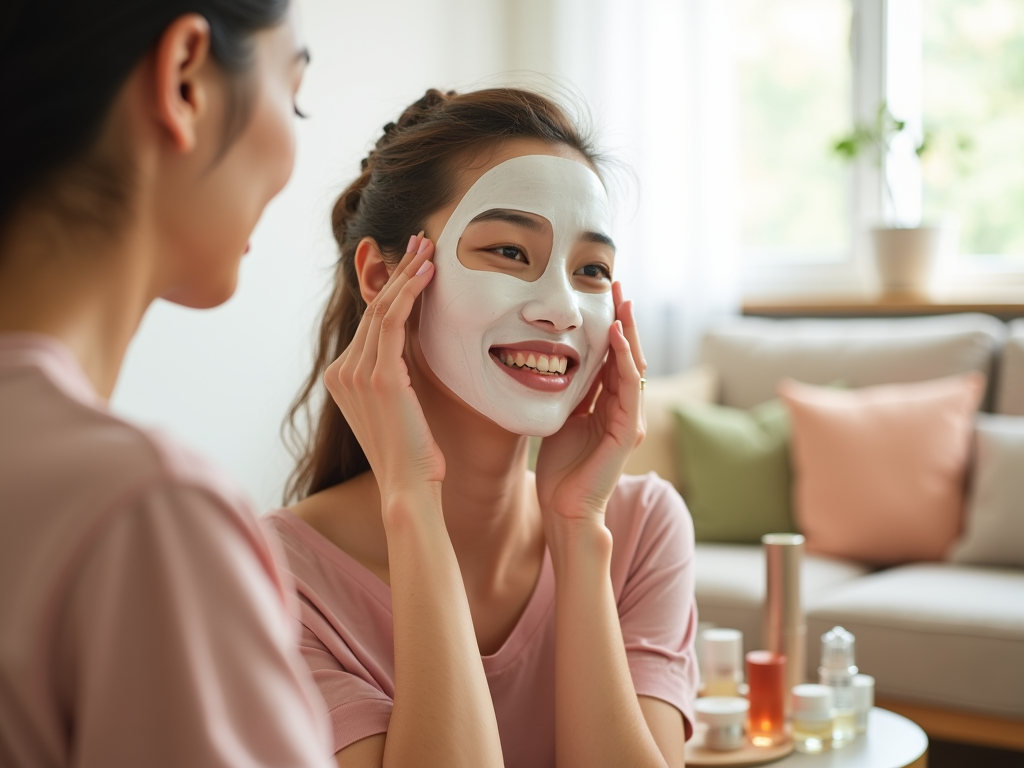 Two women applying facial sheet masks, smiling in a brightly lit living room.