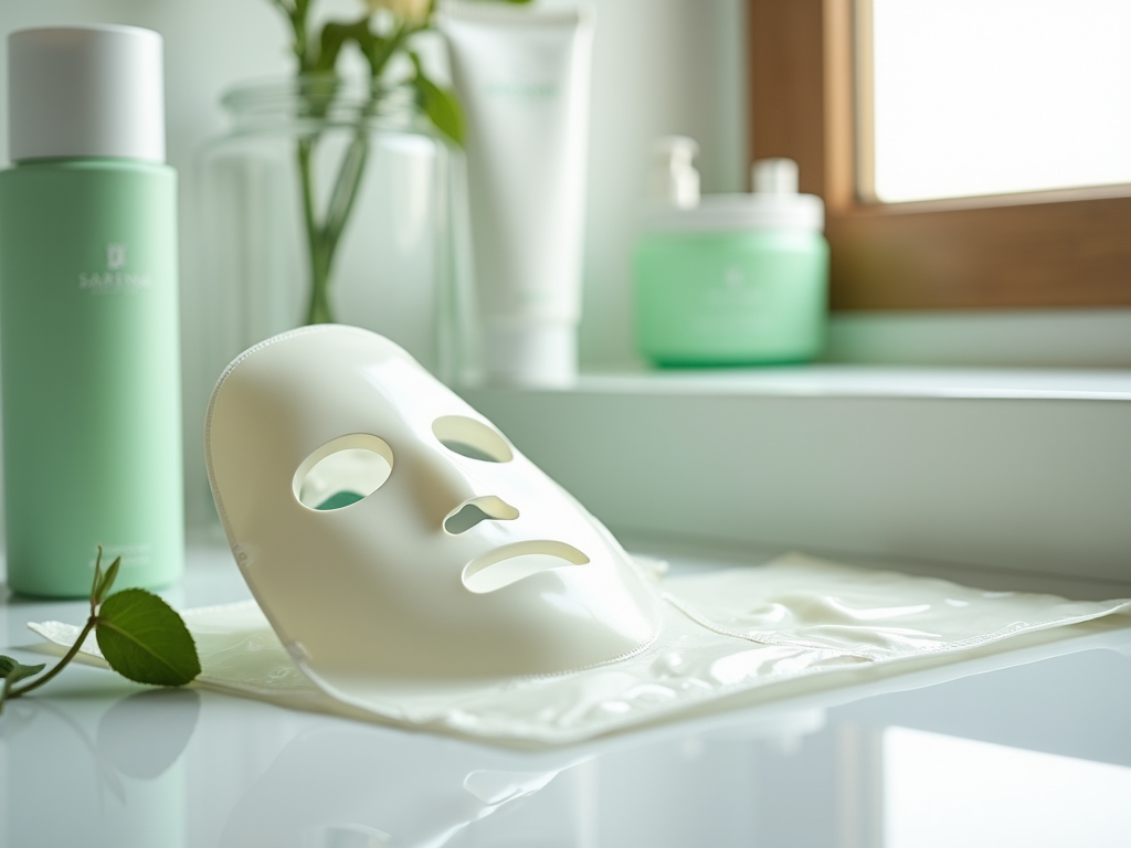 Facial sheet mask on table near skincare products with green and white packaging.