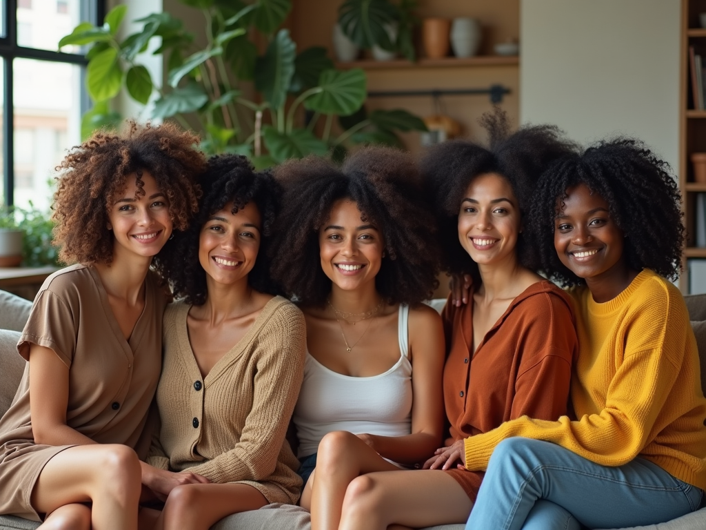 Five women with beautiful curly hair sitting together, smiling in a cozy, plant-filled room.