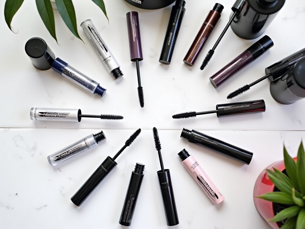 Variety of mascara tubes and brushes displayed on a white marble surface, surrounded by green plants.