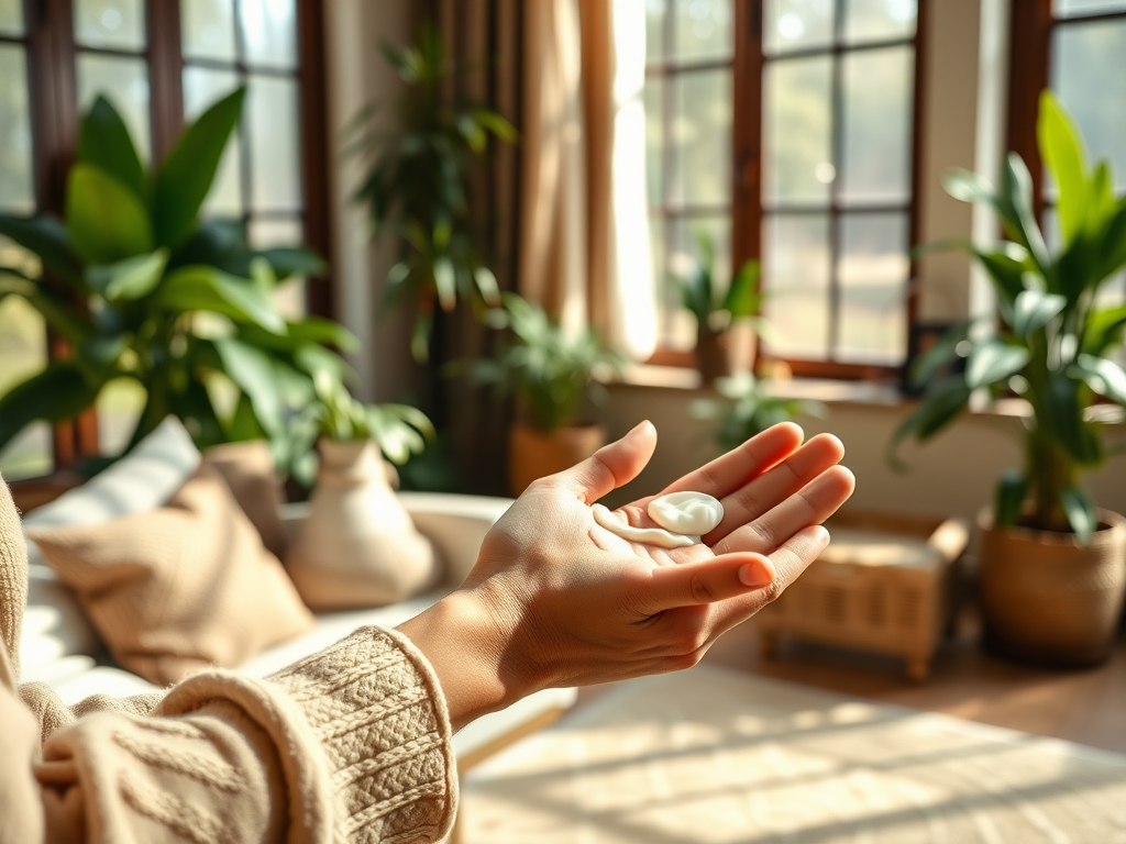 A hand holding a small amount of cream in a bright room with plants and cozy decor.