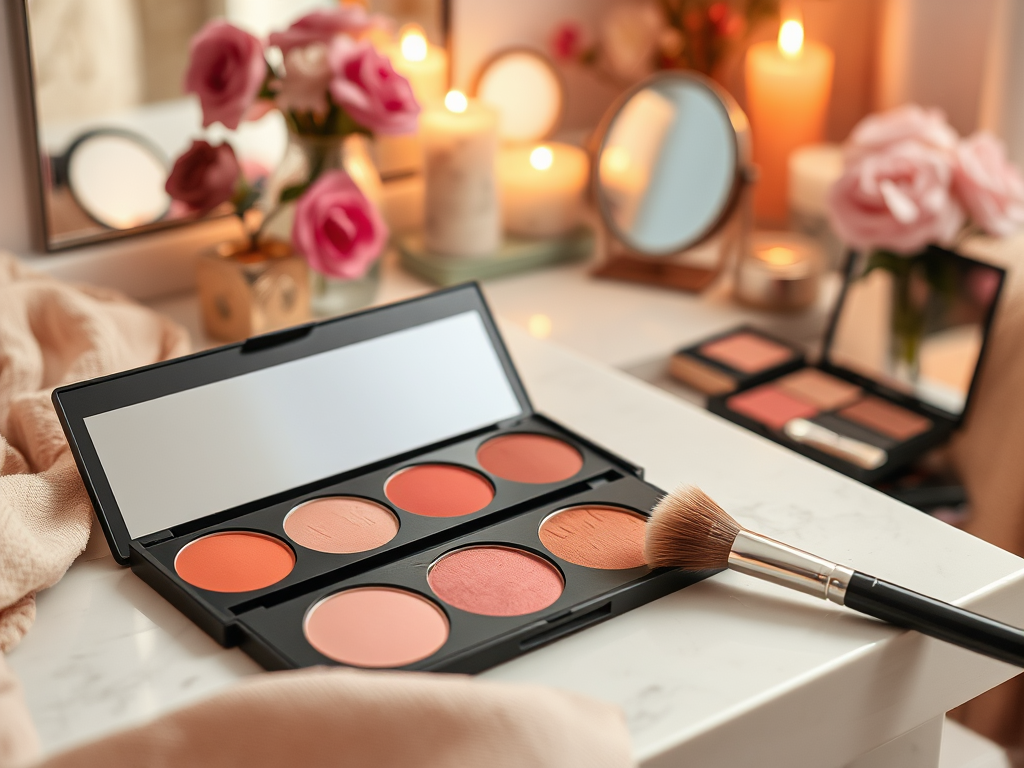 A makeup palette with blush shades, a brush, and candles in a softly lit setting with roses in the background.