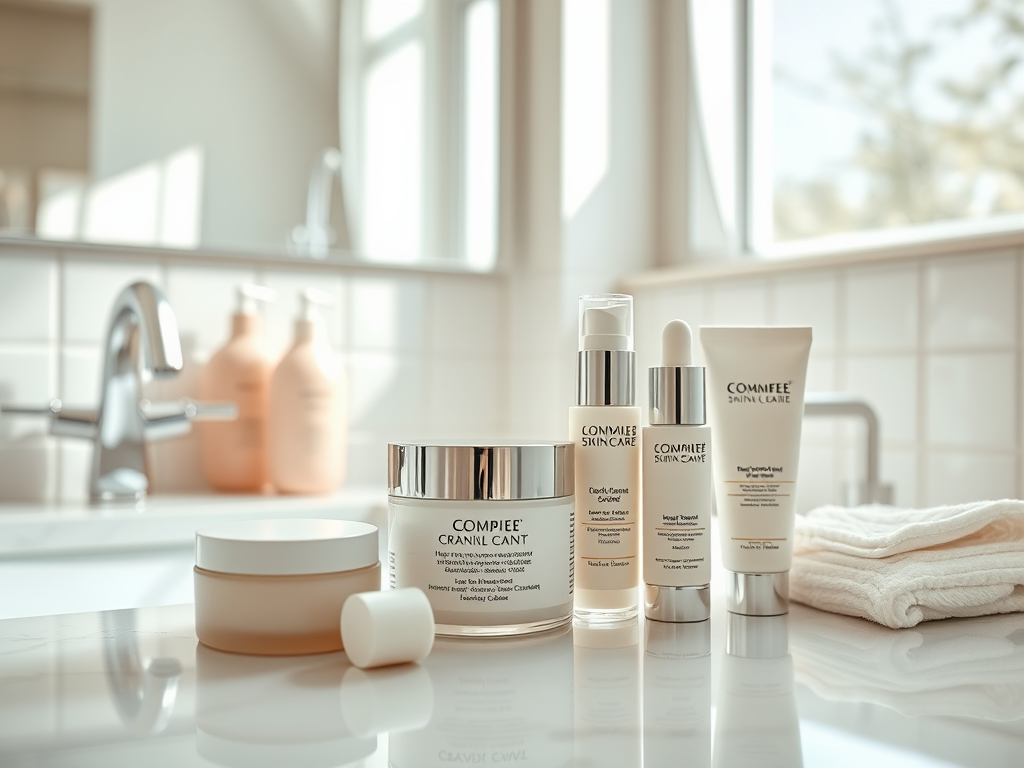 A clean bathroom counter displaying various skincare products and two bottles, with towels neatly arranged nearby.