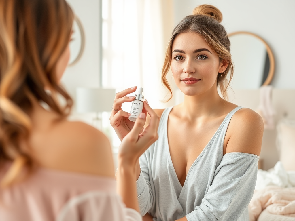 A woman in a soft top examines a skincare serum in a bright, cozy room with a mirror and soft furnishings.