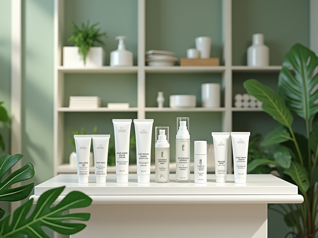 Assorted skincare products on a white shelf against a green, plant-decorated interior.