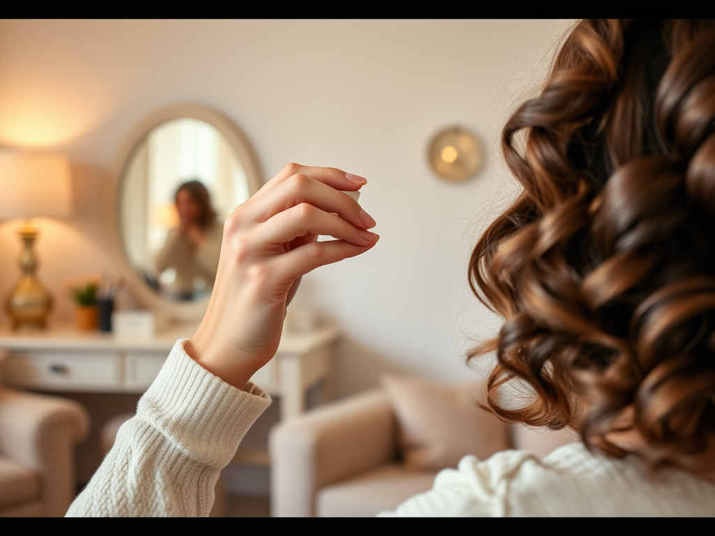 A close-up of a hand with curled hair in a cozy room, reflecting in a mirror. Soft lighting enhances the ambiance.