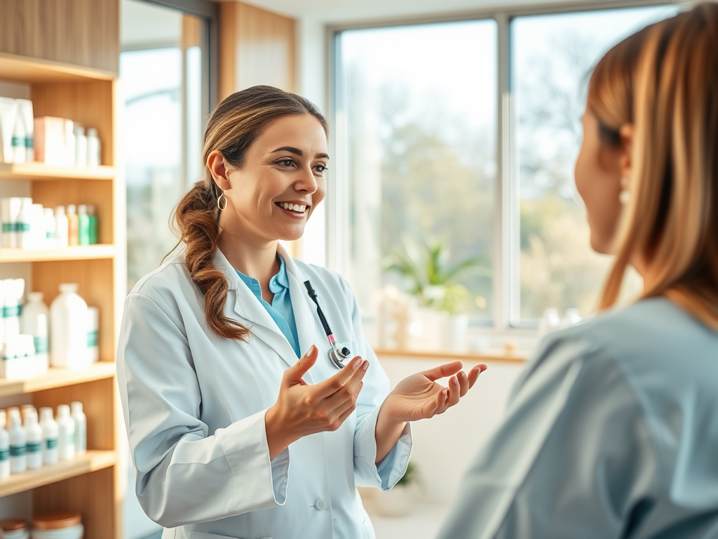 A smiling healthcare professional in a white coat talks to a patient in a bright, modern clinic.